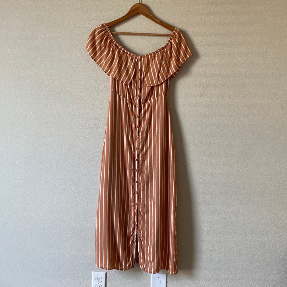 Off the Shoulder Peach and White Stripped Midi Dress